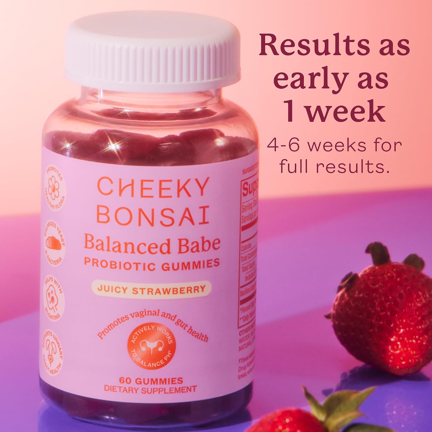Cheeky Bonsai Balanced Babe - Gominolas probióticas vaginales, 5B UFC, Sabor fresa, 60 uds.