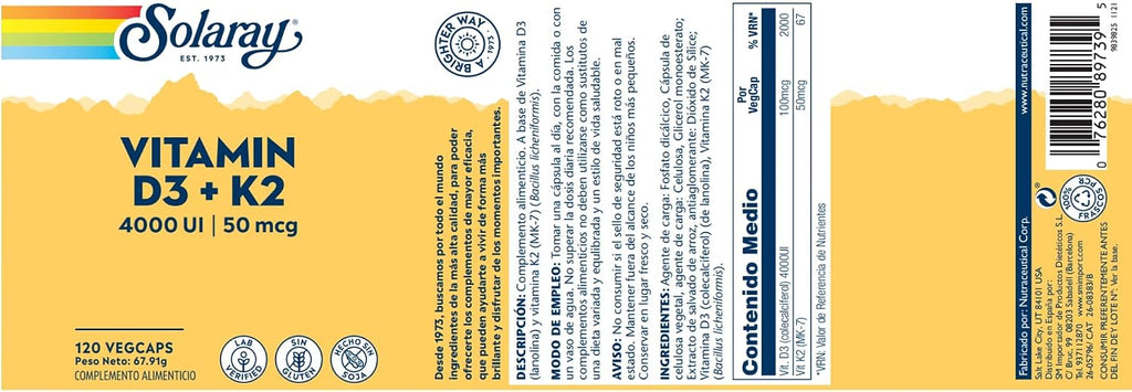 SOLARAY Vitamina D3 K2 5000 UI + 50 mcg MK-7 - 120 Cápsulas