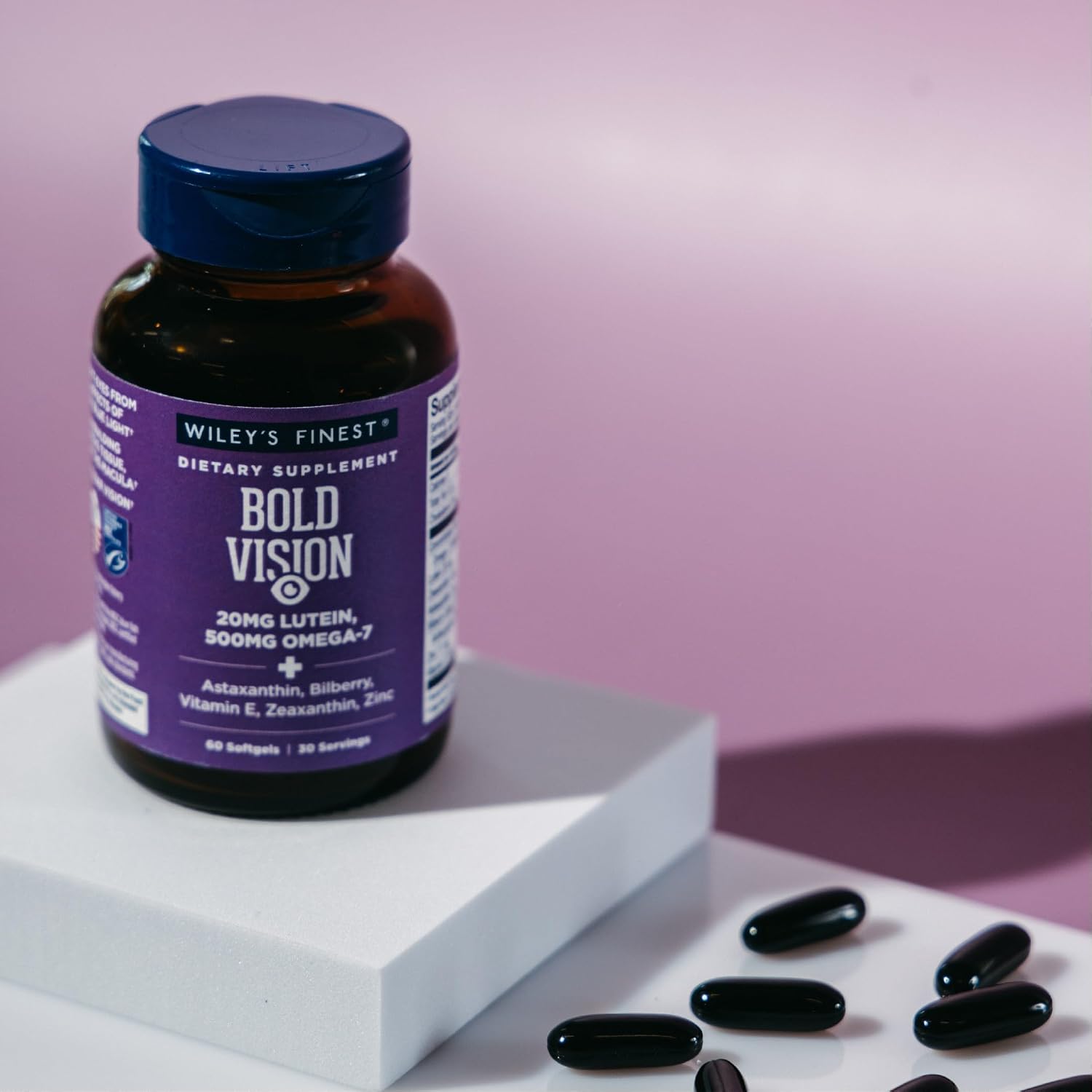 Wiley's Finest Wild Alaskan Fish Oil Bold Vision - Suplemento de Omega-7, Luteína y Zeaxantina para la Salud Visual - 60 Cápsulas Blandas