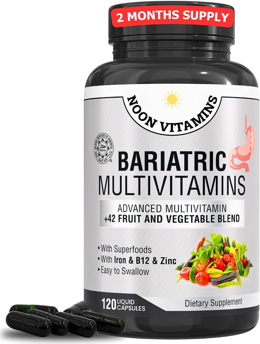 Multivitamínico Bariátrico con Hierro para Mujeres y Hombres - Mezcla de 42 Superfoods para Energía y Apoyo Inmunológico - Recuperación Postoperatoria, Cápsulas Líquidas Fáciles de Tragar, Halal, Hecho en EE.UU. (120 Cápsulas Líquidas)