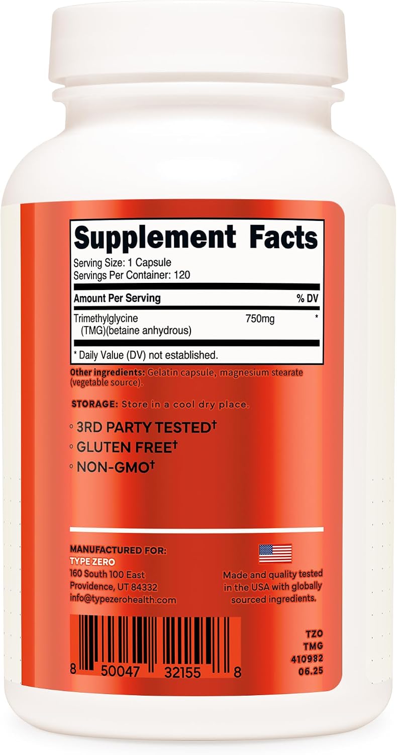Type Zero Clean TMG Trimethylglycine Cápsulas (120 dosis) - No transgénicos, Sin gluten