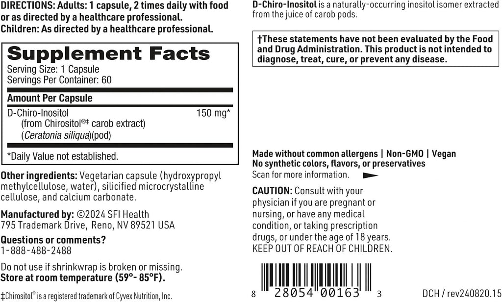 SFI Health Klaire Labs D-Chiro-Inositol - 150 mg - Suplemento Hipoalergénico (60 Cápsulas)