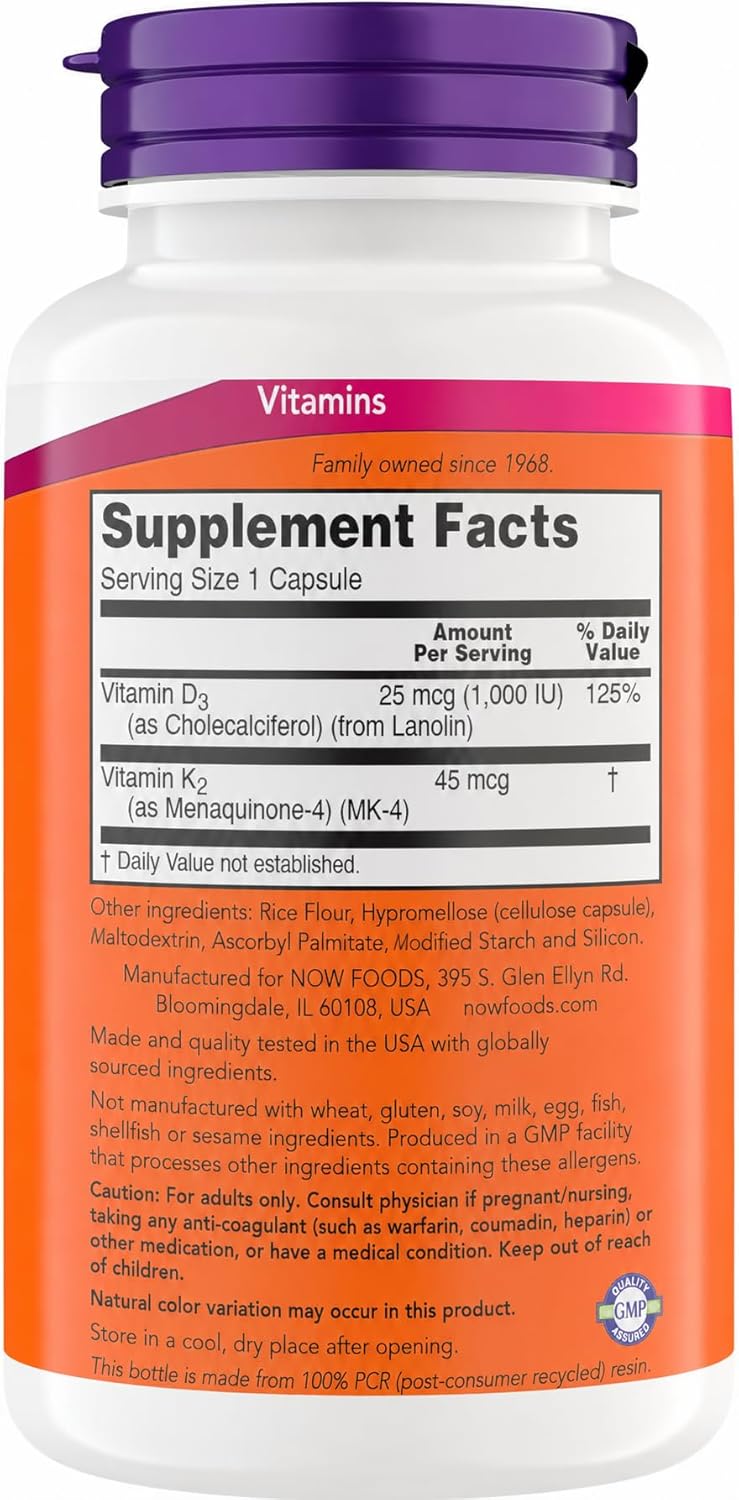 Now Foods Vitamina D3 y K2, 1000 UI / 45 mcg, 180 Cápsulas Vegetales