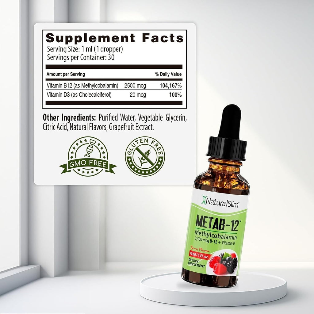 NaturalSlim Metab-12 Vitamina B12 Líquida con Vitamina D3 - Metilcobalamina 2500 mcg - Gotas Sublinguales Sabor Bayas 30 ml