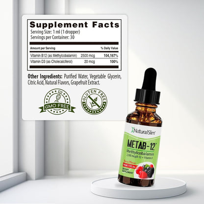 NaturalSlim Metab-12 Vitamina B12 Líquida con Vitamina D3 - Metilcobalamina 2500 mcg - Gotas Sublinguales Sabor Bayas 30 ml – Image 2