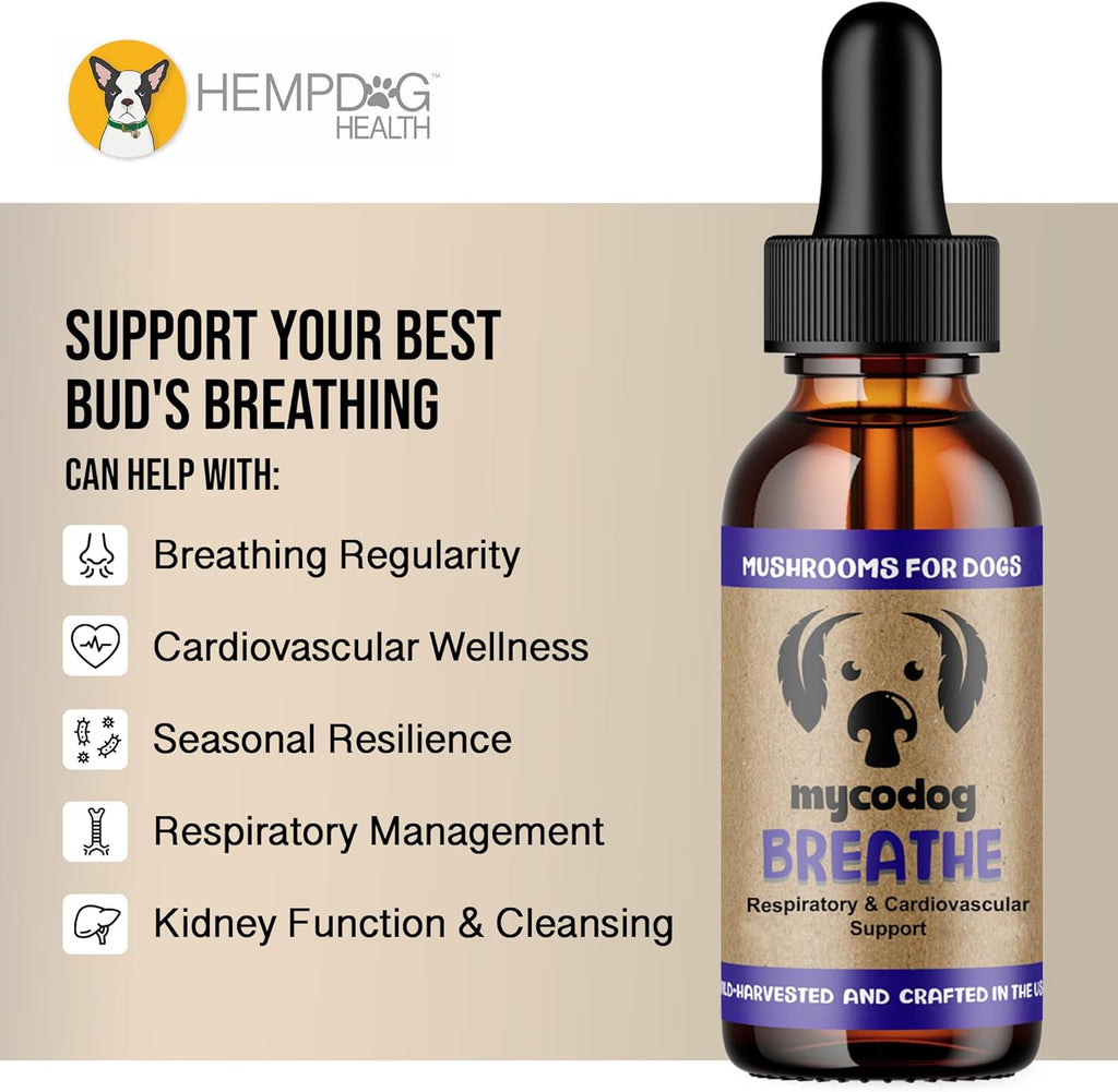 MycoDog Breathe - Gotas de apoyo respiratorio para perros - Confort respiratorio y salud de las vías respiratorias - Para Bulldogs Franceses, Pugs y razas de hocico plano - Mezcla natural de hongos y ashwagandha
