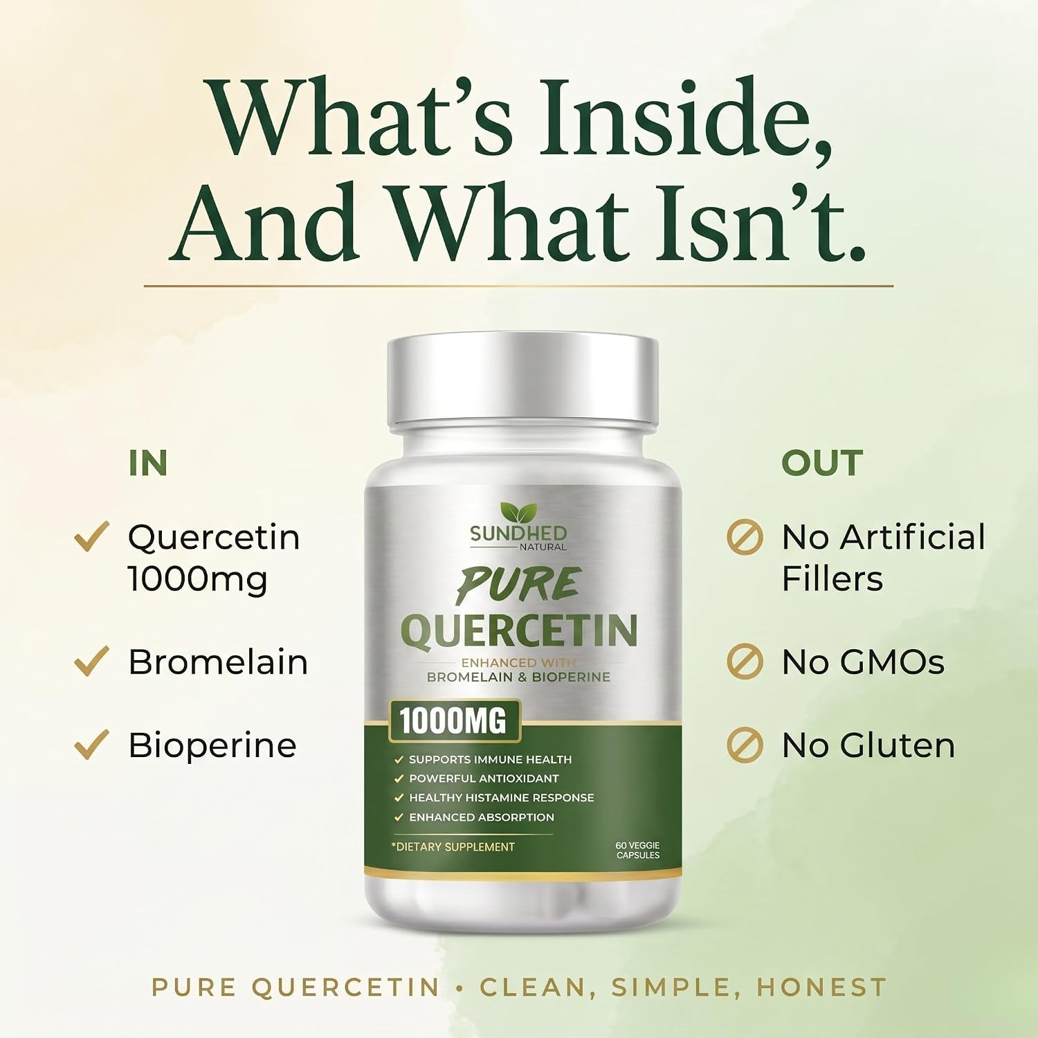 Sundhed Natural Quercetina Pura con Bromelina y Bioperina - 1000 mg, 60 Cápsulas