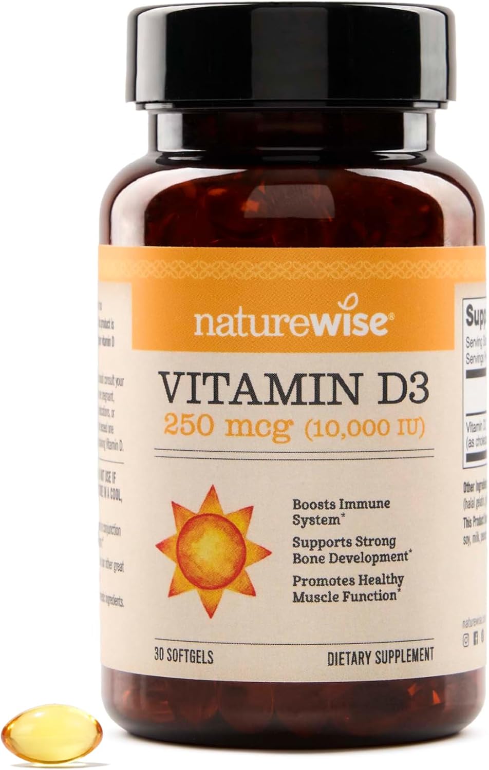 NatureWise Vitamina D3 10,000IU (250 mcg) - Alta Potencia para el Sistema Inmunitario y Función Muscular - No-GMO, Sin Gluten, en Aceite de Oliva Virgen Extra Ecológico (Mini Softgels, 30 Cápsulas)