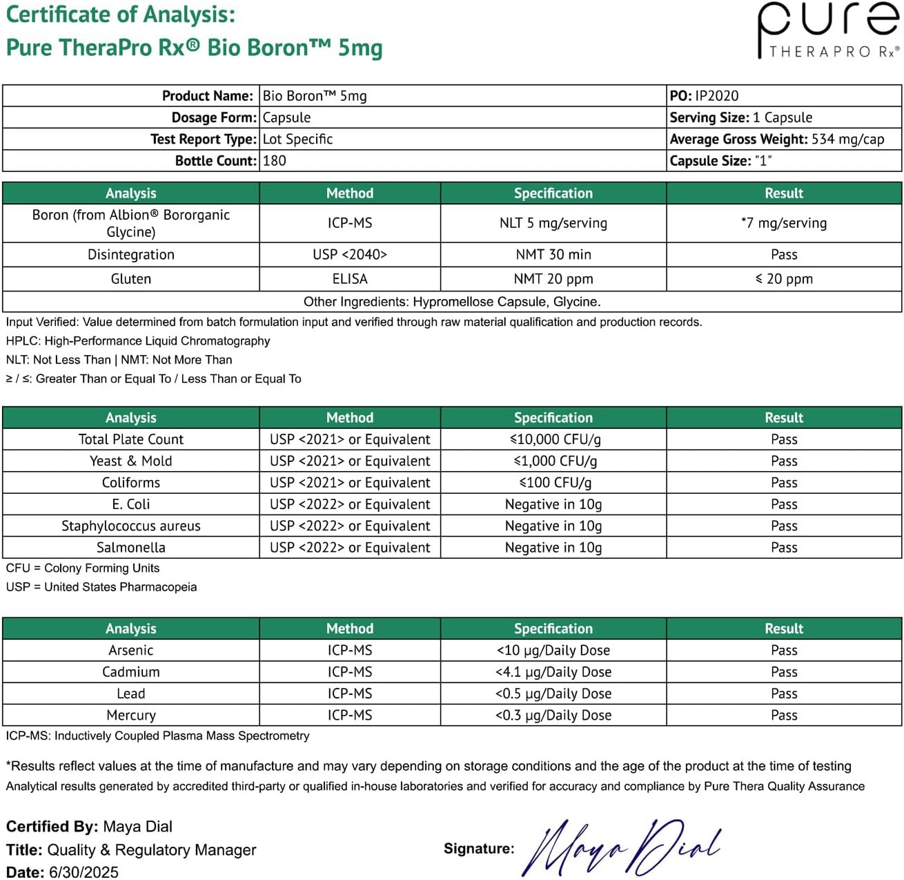 Pure TheraPro Rx Bio Boron - Boro Bororgánico Glicinato (5mg, 180 Cápsulas)