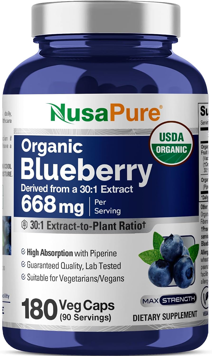 NusaPure Cápsulas de Arándano Orgánico, 668 mg, 180 Cápsulas Vegetales (No-GMO, Vegano, USDA)