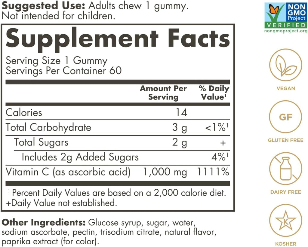 Solgar Vitamina C Gominolas 1000 mg para Adultos - Sabor Naranja Ácida, Vegano y Sin Gluten, 60 Gominolas (2 Meses)