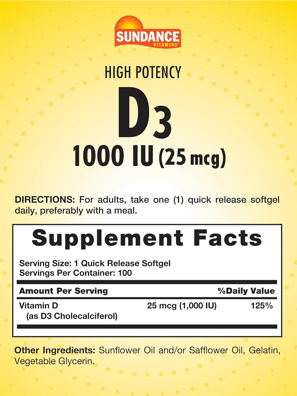 Sundance Vitamina D3 1000 UI 25 mcg – 100 Cápsulas Blandas | Alta Potencia, No OGM, Sin Gluten