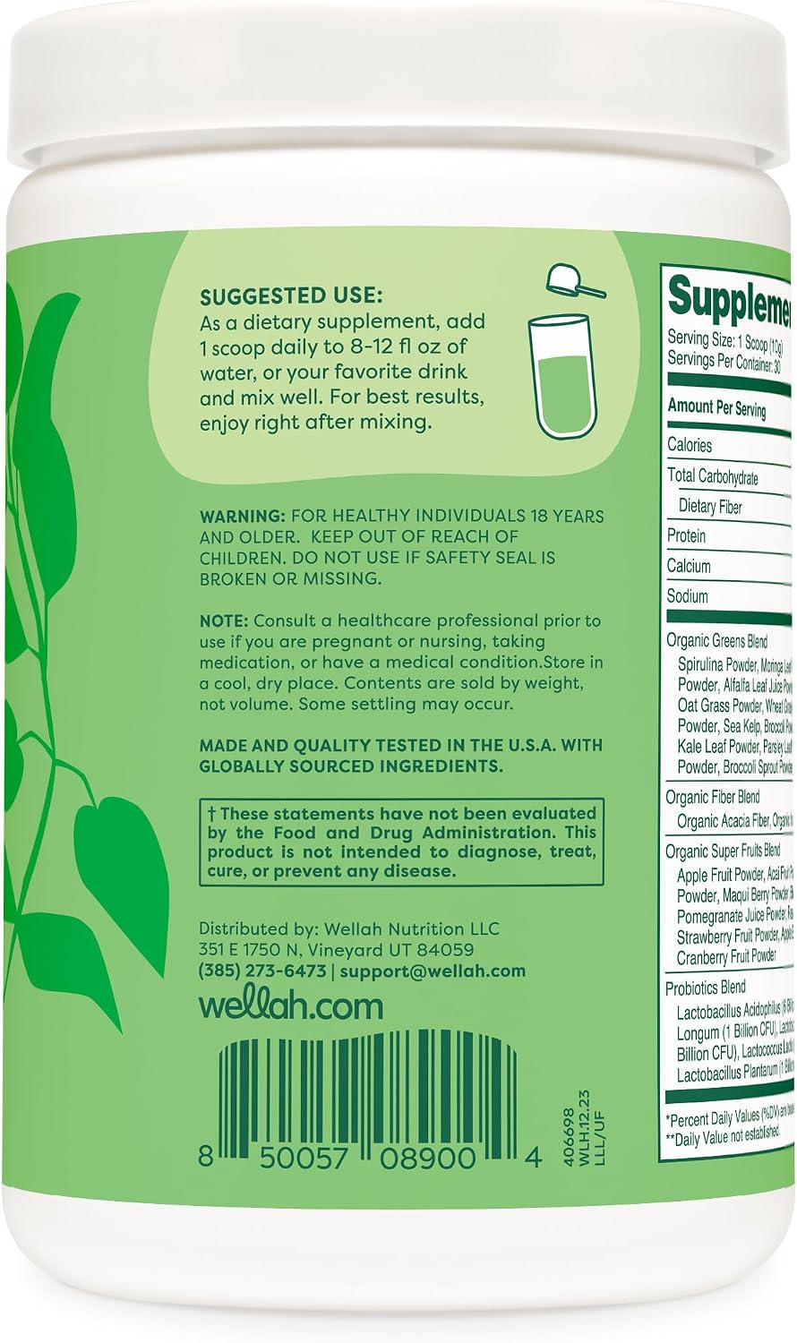Wellah Leaf, Laugh, Love Super Greens Powder (Sin Sabor) 30 Porciones - Mezcla de Superalimentos