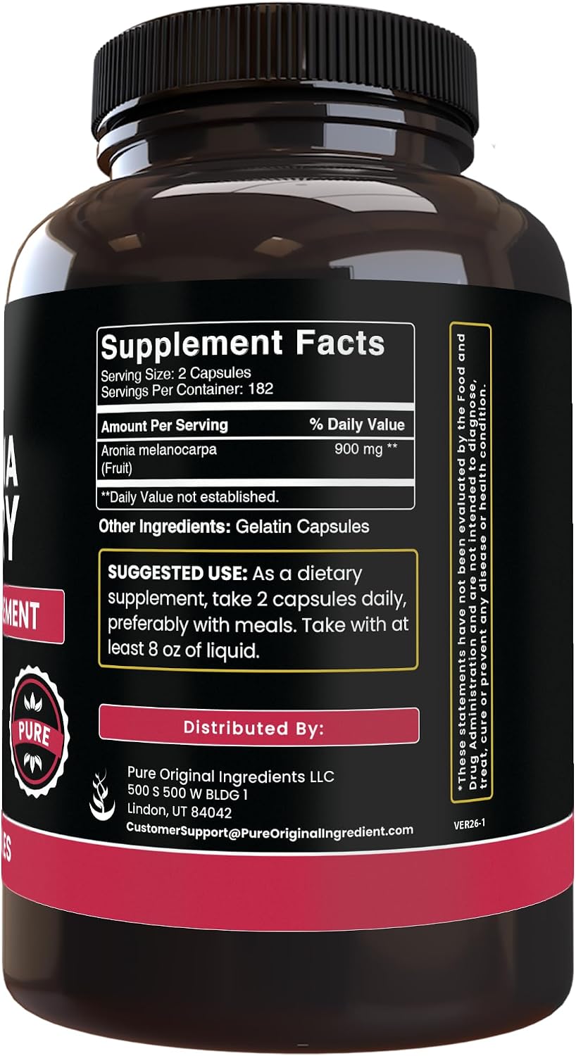 PURE ORIGINAL INGREDIENTS Extracto de Aronia, 365 Cápsulas - Siempre Puro, Sin Aditivos ni Rellenos, Verificado en Laboratorio