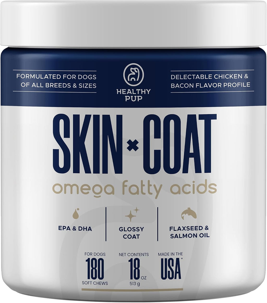 Healthy Pup Suplementos de Aceite de Pescado para Perros - 180 Golosinas Masticables - Omega 3, EPA, DHA, Biotina y Vitamina E - Piel y Pelaje Saludables