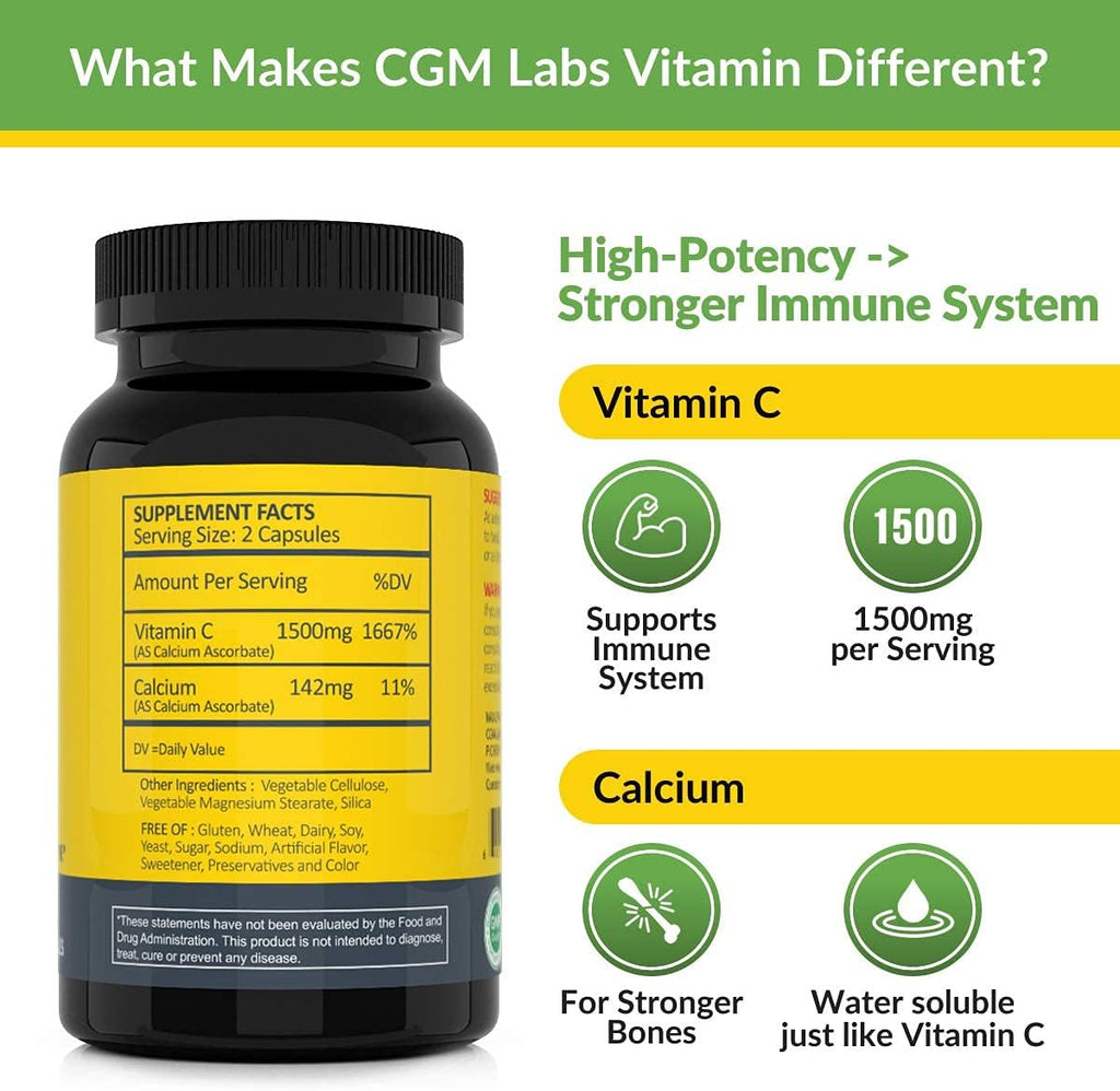 Suplemento de Vitamina C No Ácida 1500 mg con Calcio - Suave para el Estómago - 100 Cápsulas - CGM Labs