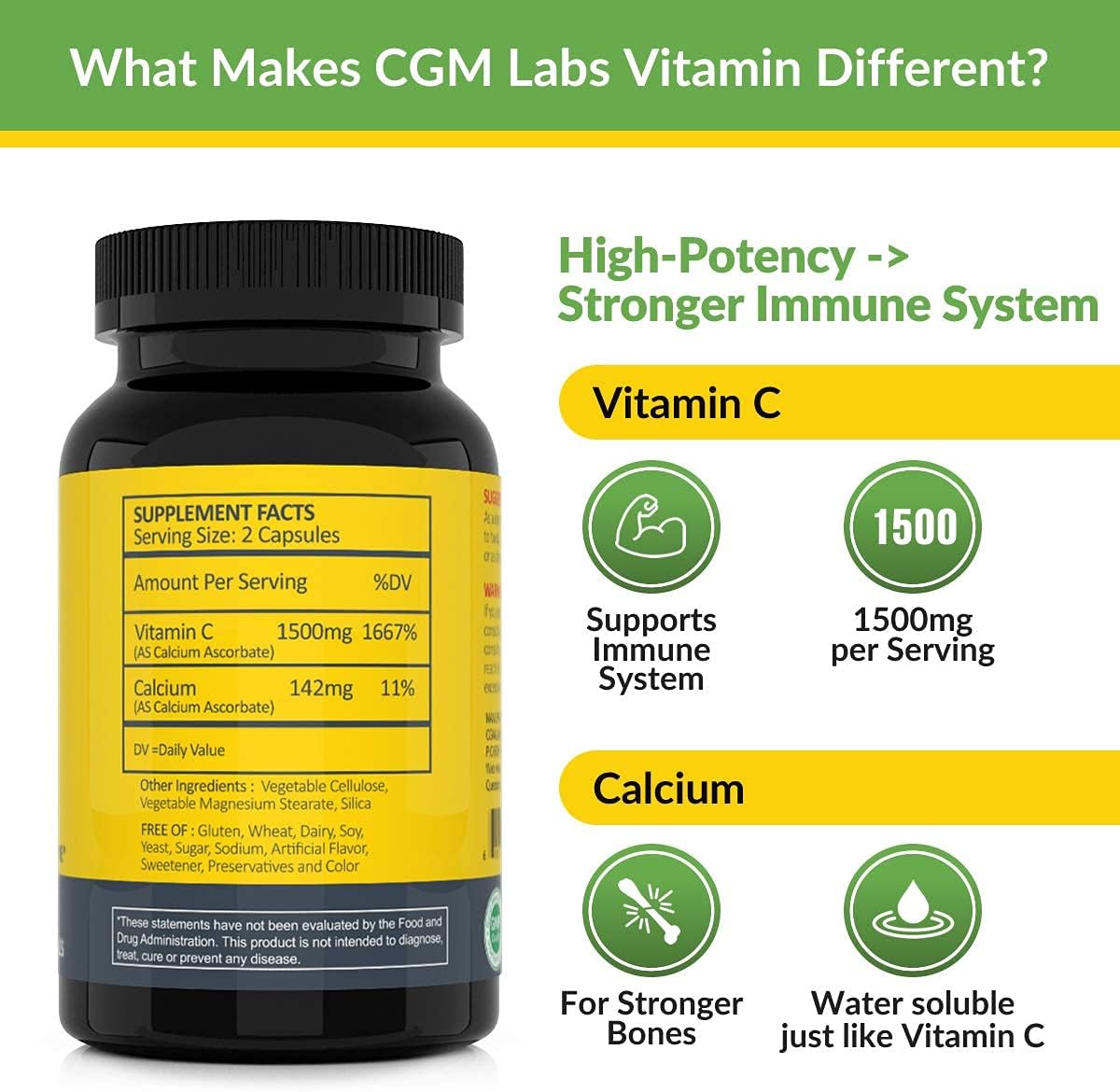 Suplemento de Vitamina C No Ácida 1500 mg con Calcio - Suave para el Estómago - 100 Cápsulas - CGM Labs