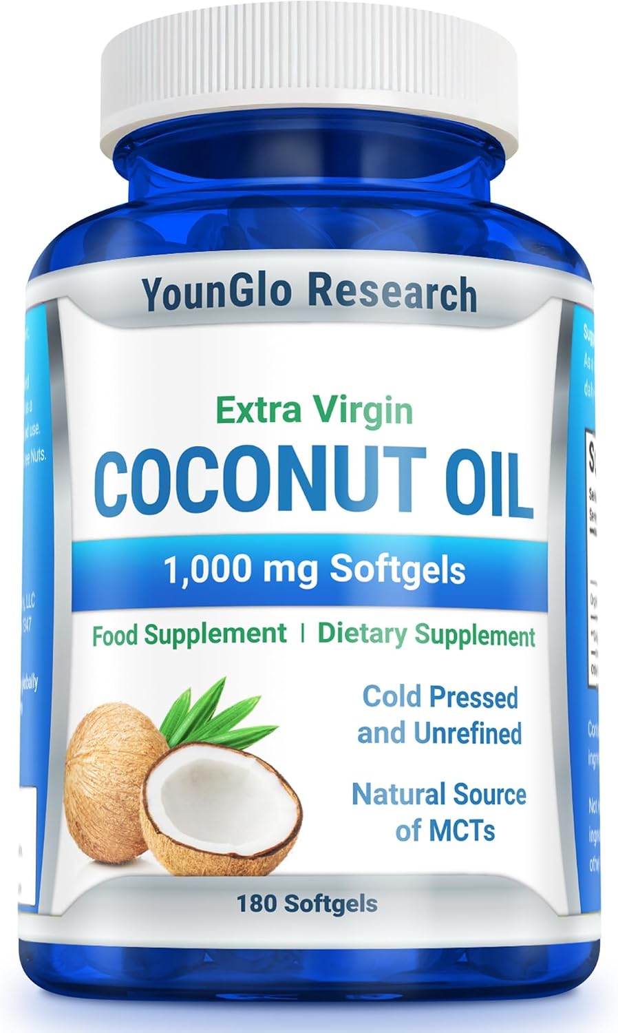 YounGlo Research Coconut Oil 1000 mg 100% Cold Pressed Organic Extra Virgin 180 Veggie Capsules