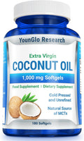 YounGlo Research Coconut Oil 1000 mg 100% Cold Pressed Organic Extra Virgin 180 Veggie Capsules