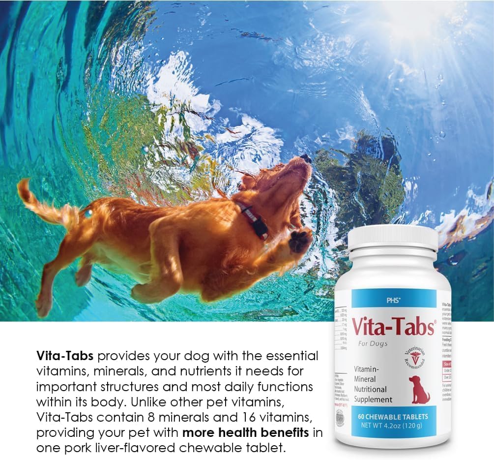 Vita-Tabs Suplemento Multivitamínico y Mineral para Perros - Recomendado por Veterinarios - 60 Comprimidos Masticables para Piel, Pelaje, Energía y Bienestar