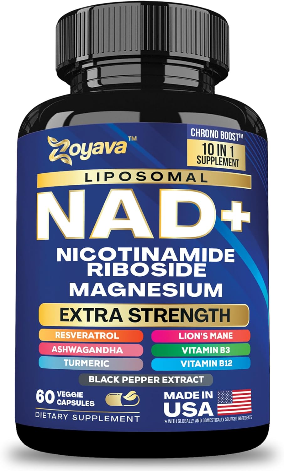 NAD+ Supplement Extra Strength with Vitamin B3, B12, Magnesium, Niacinamide, Liposomal NAD, Lion’s Mane, Ashwagandha, Turmeric, Black Pepper Extract, Made in USA - 10-in-1 60 Veggie Capsules