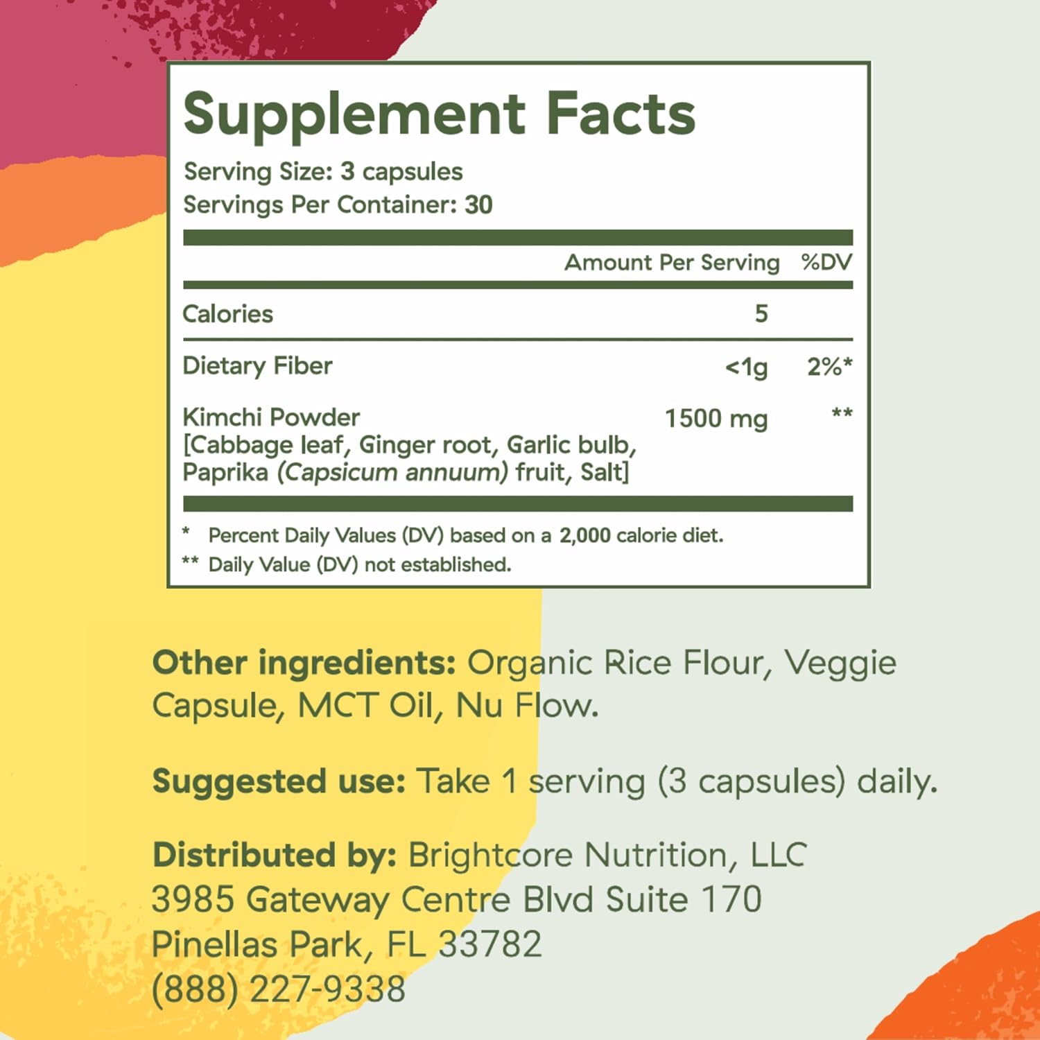 Brightcore Nutrition - Kimchi One, Cápsulas de Kimchi en Polvo, Probióticos, Enzimas y Antioxidantes, Suplemento para la Salud Intestinal, Sin Gluten, 90 Cápsulas Veganas