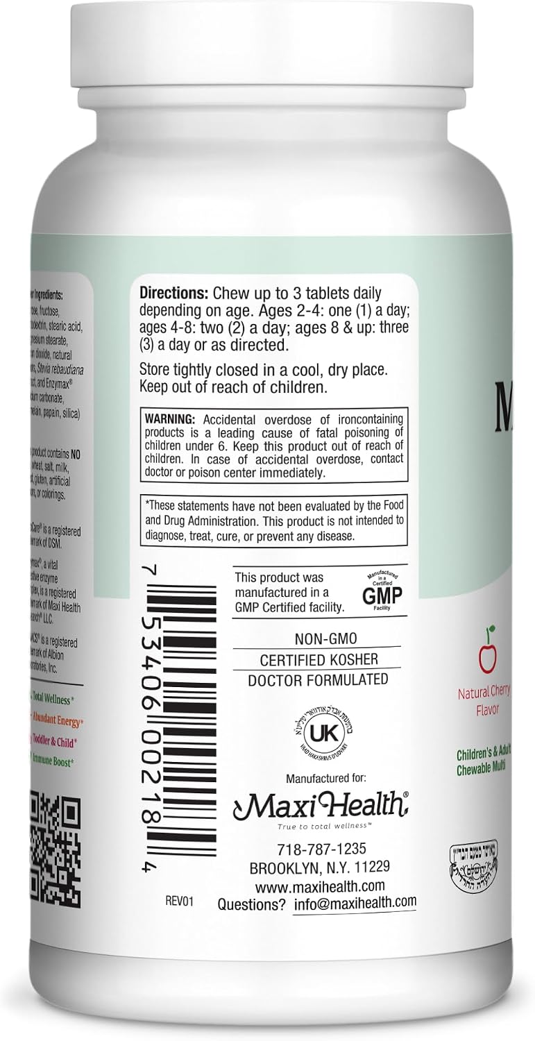 Maxi Health Chewable Multivitamin for Kids, Teens, and Adults - 180 Cherry Flavored Tablets
