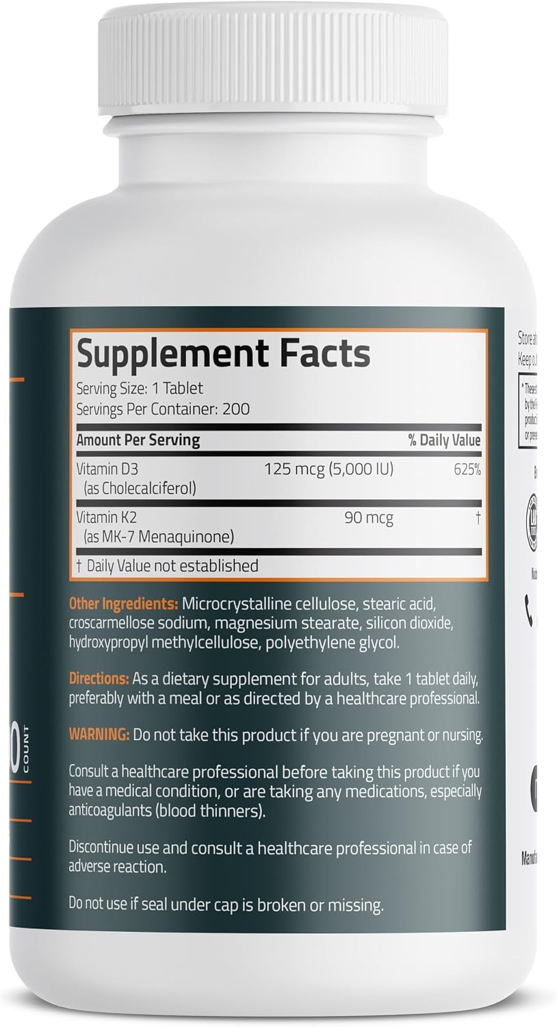 Bronson Vitamina K2 D3 (MK7) Complemento Alimenticio - 5000 UI de Vitamina D3 y 90 mcg de K2 MK-7, 200 Comprimidos