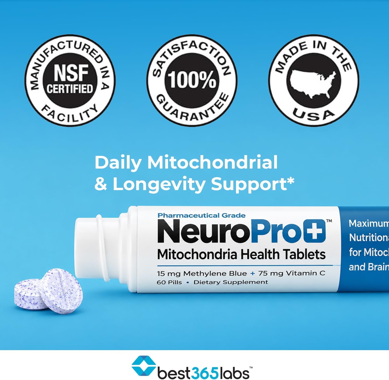 Best 365 Labs NeuroPro+ | Methylene Blue & Vitamin C Complex | Apoyo Energía Mitocondrial y Claridad Mental | 60 Tabletas