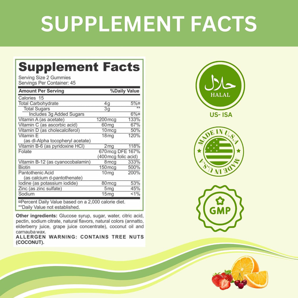 Greenfield Nutritions Gominolas Multivitamínicas Halal para Adultos - Sin Gelatina con Vitamina D3, B6, B12, Zinc y C - 90 Gominolas