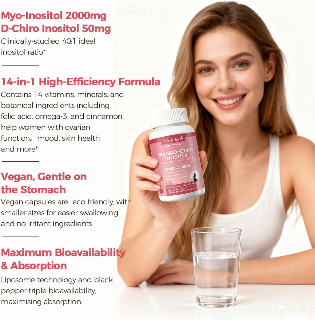 Myo-Inositol y D-Chiro Inositol para Mujeres, 14-en-1 Inositol Liposomal con Ácido Fólico, Omega-3 y Multivitaminas, 120 Cápsulas Veganas
