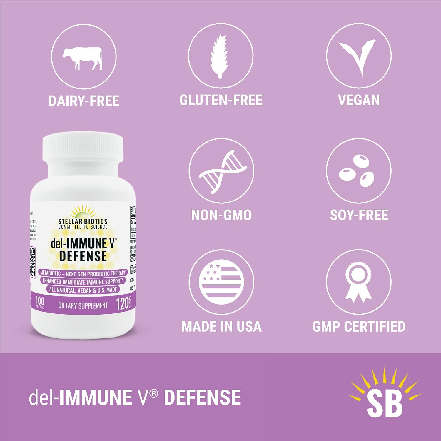 Del-Immune V® Defense by Stellar Biotics, Metabiótico Natural para el Apoyo Inmunitario y la Salud Intestinal (120 Cápsulas)