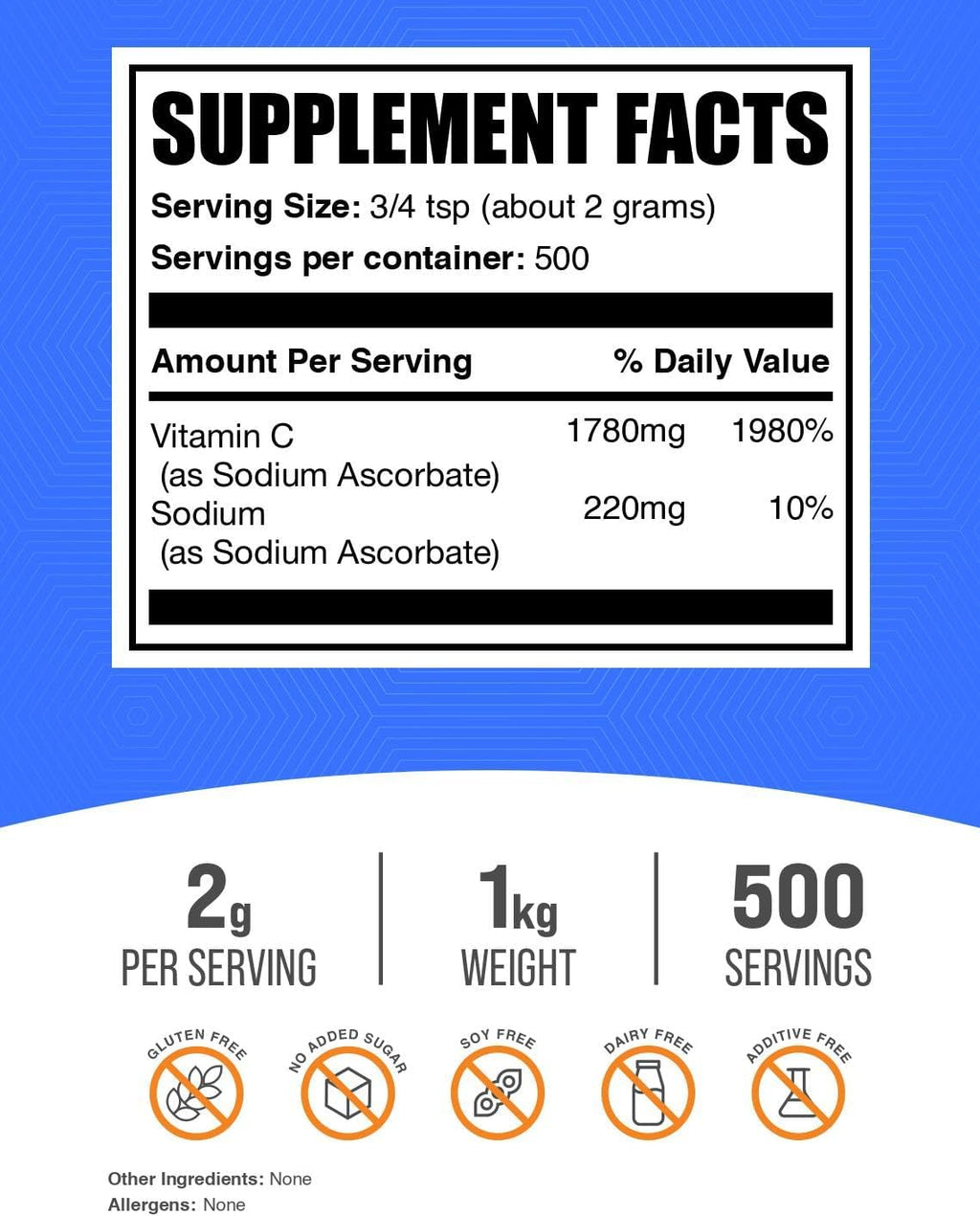 Sodium Ascorbate Powder - Buffered Vitamin C, Gluten Free, 2g per Serving, 1 kg