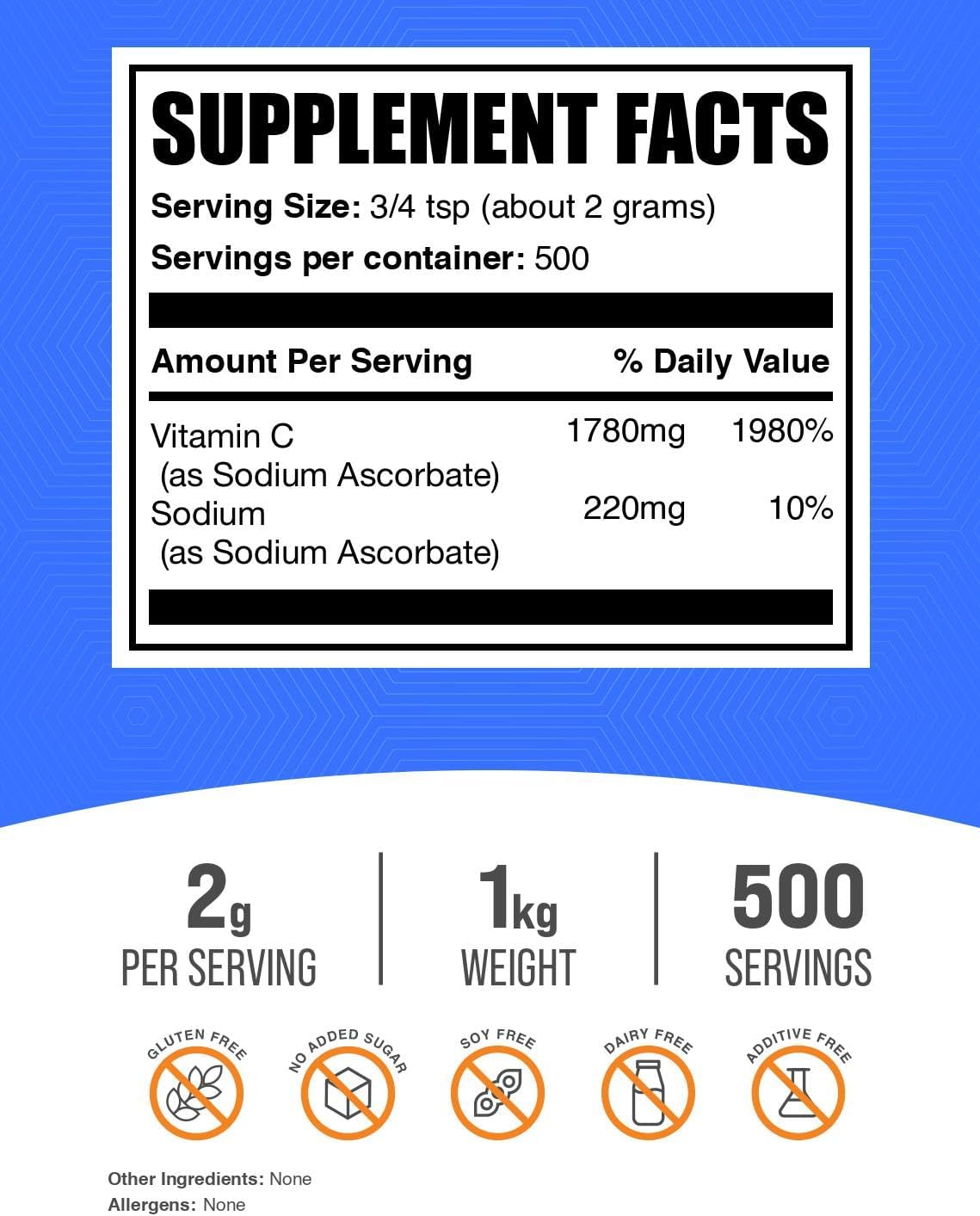 Sodium Ascorbate Powder - Buffered Vitamin C, Gluten Free, 2g per Serving, 1 kg
