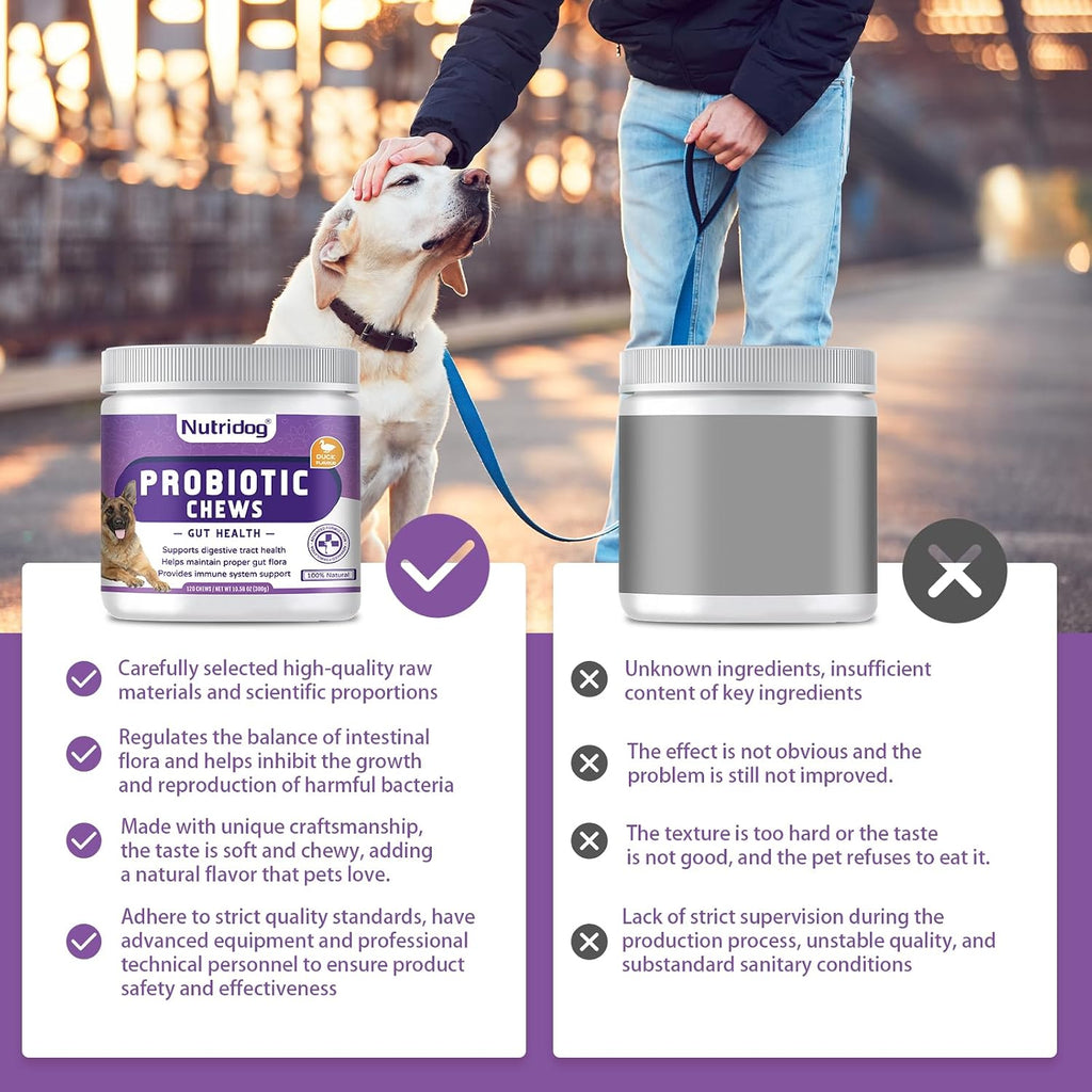 Nutridog Masticables Probióticos para Perros 120 uds – 6.000 millones UFC, 6 cepas, con Postbióticos EpiCor y Fibra de Calabaza – Sabor a Pato