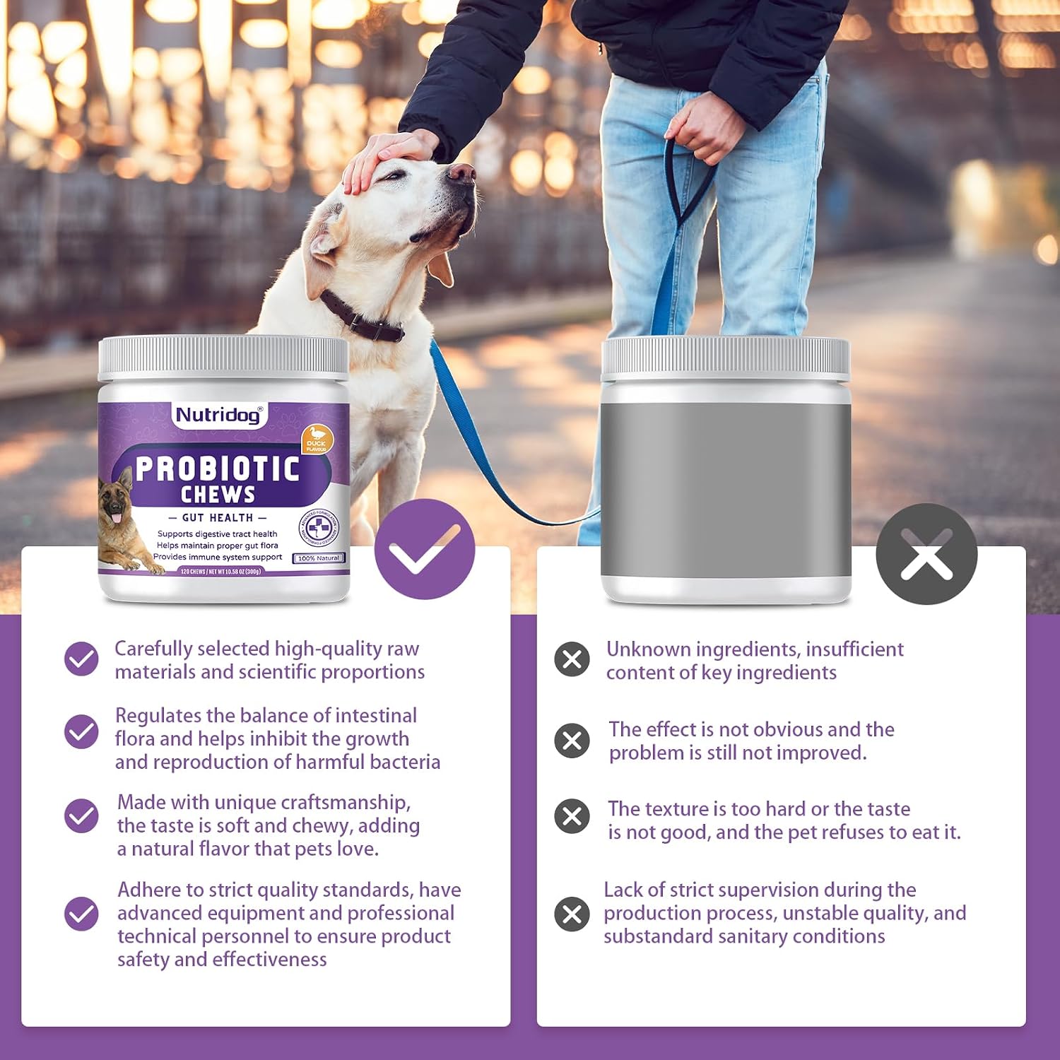 Nutridog Masticables Probióticos para Perros 120 uds – 6.000 millones UFC, 6 cepas, con Postbióticos EpiCor y Fibra de Calabaza – Sabor a Pato