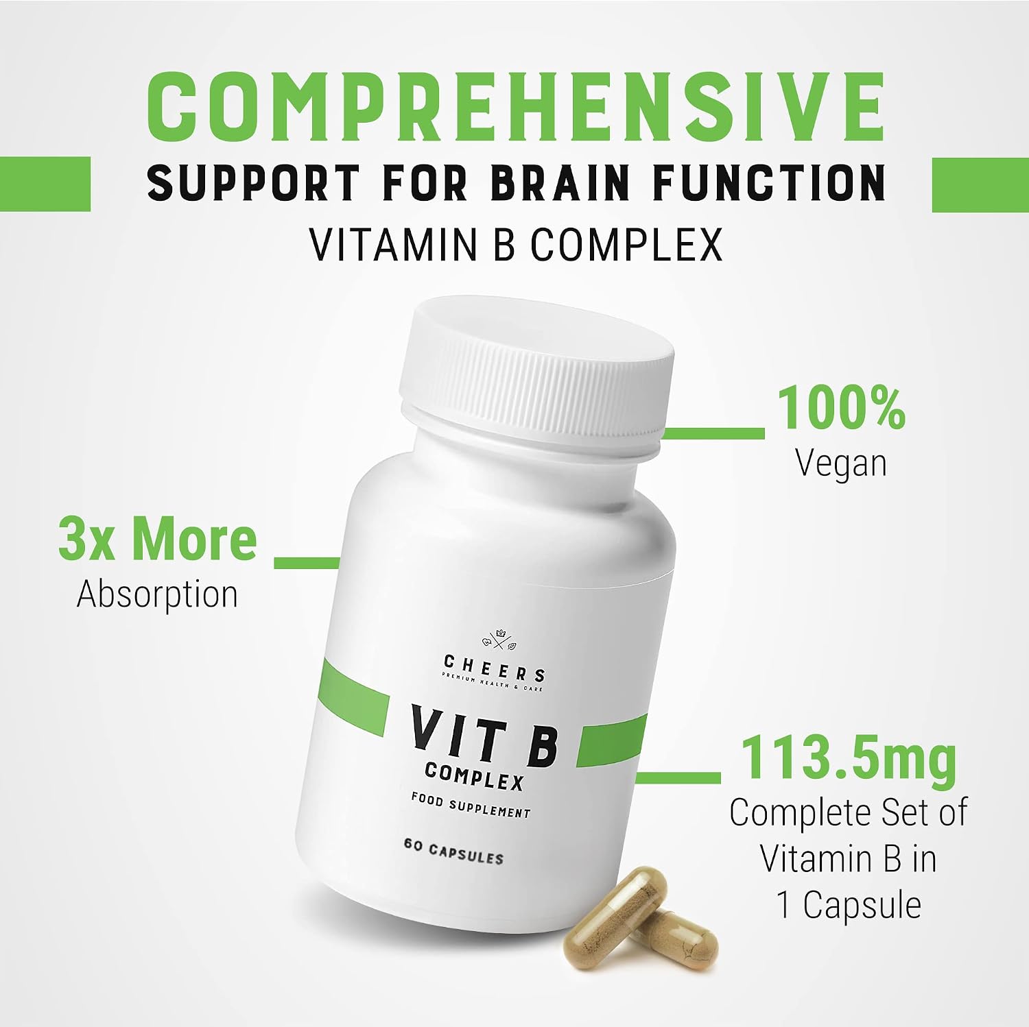CHEERS Complejo B | 113,5 mg de Vitaminas B (B1, B2, B3, B6, B12) + Inositol y Colina | DRcaps® Plus | 60 Cápsulas Veganas