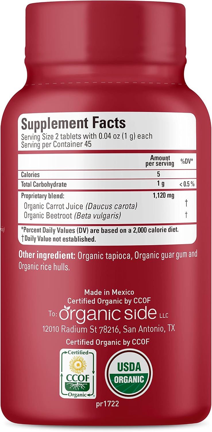 OS Organic Side Comprimidos de Remolacha y Zanahoria Orgánicos | 90 Comprimidos | 1120 mg | Certificado USDA | No-GMO, Vegano