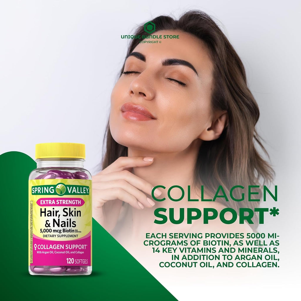 Extra Strength Biotina 5000 mcg para Piel, Cabello y Uñas - Pack de 2 (240 Cápsulas Blandas)