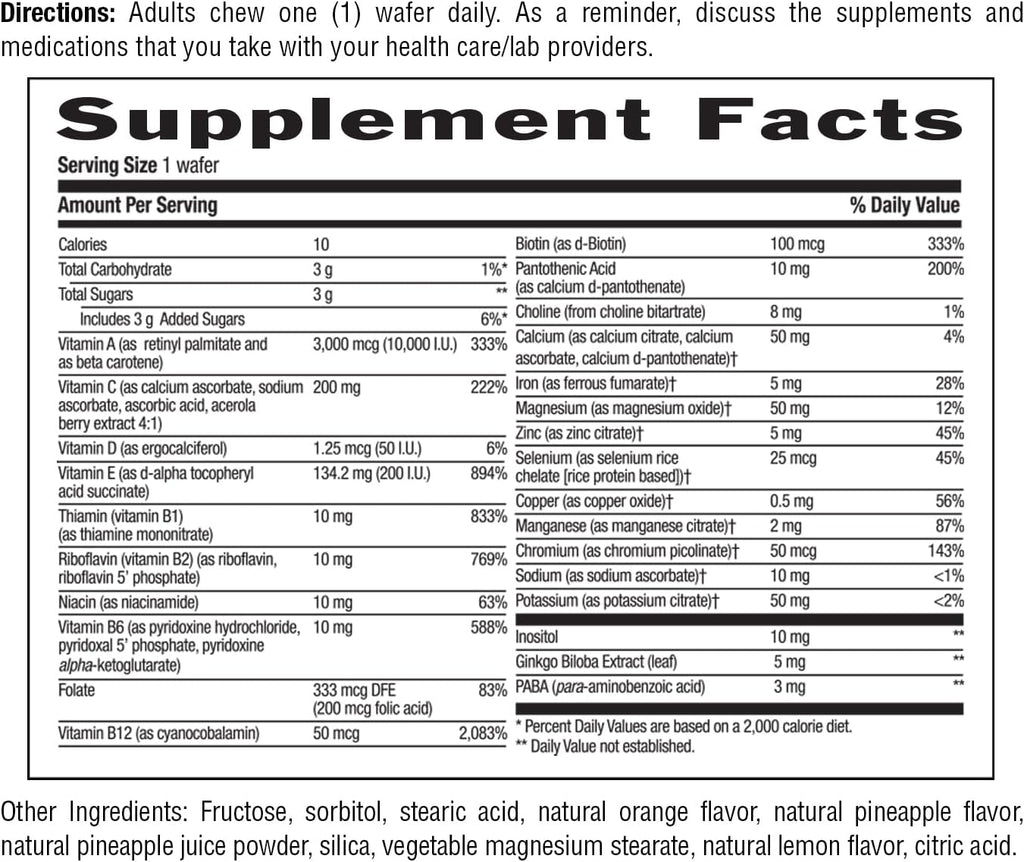 Country Life Multivitamínico Masticable Adultos con Vitaminas B Coenzimáticas, Antioxidantes y Minerales - Sabor Piña-Naranja - 60 Wafers