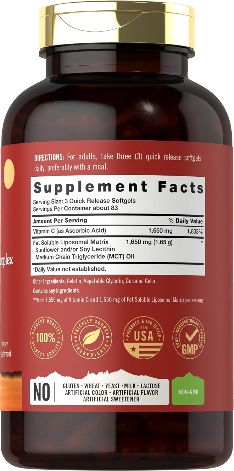 Tahoe Nutritionals Complejo de Vitamina C Liposomal | 3300mg | 250 Cápsulas Blandas | Alta Potencia
