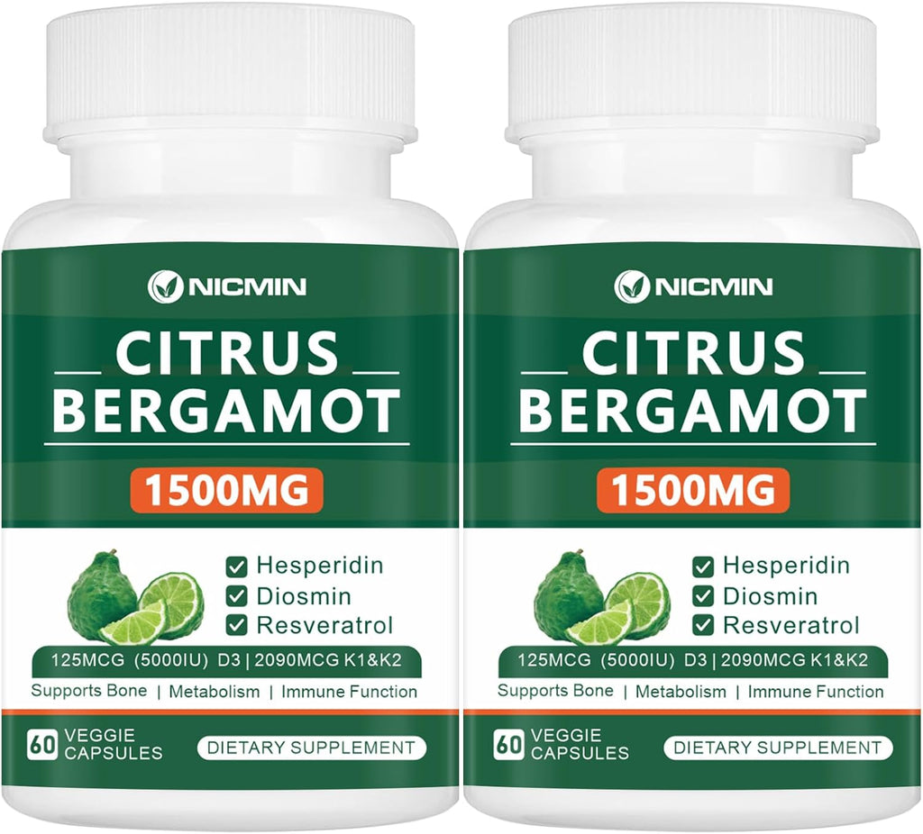 Citrus Bergamot 1500mg con Hesperidina, Diosmina, Resveratrol, Vitamina D3, K1 y K2 - 120 Cápsulas Veganas