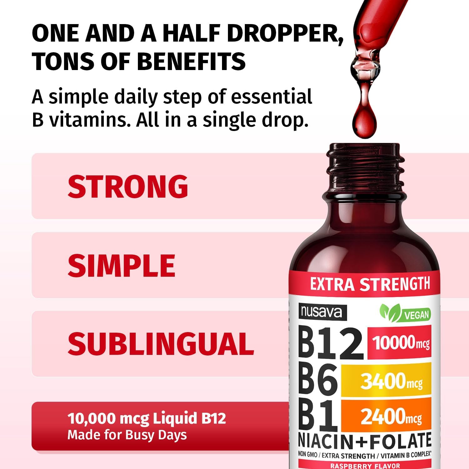 NUSAVA Complejo B12 Líquido Extra Fuerte 10000mcg - Gotas Sublinguales con Metilcobalamina, Sabor Frambuesa (Pack de 2)