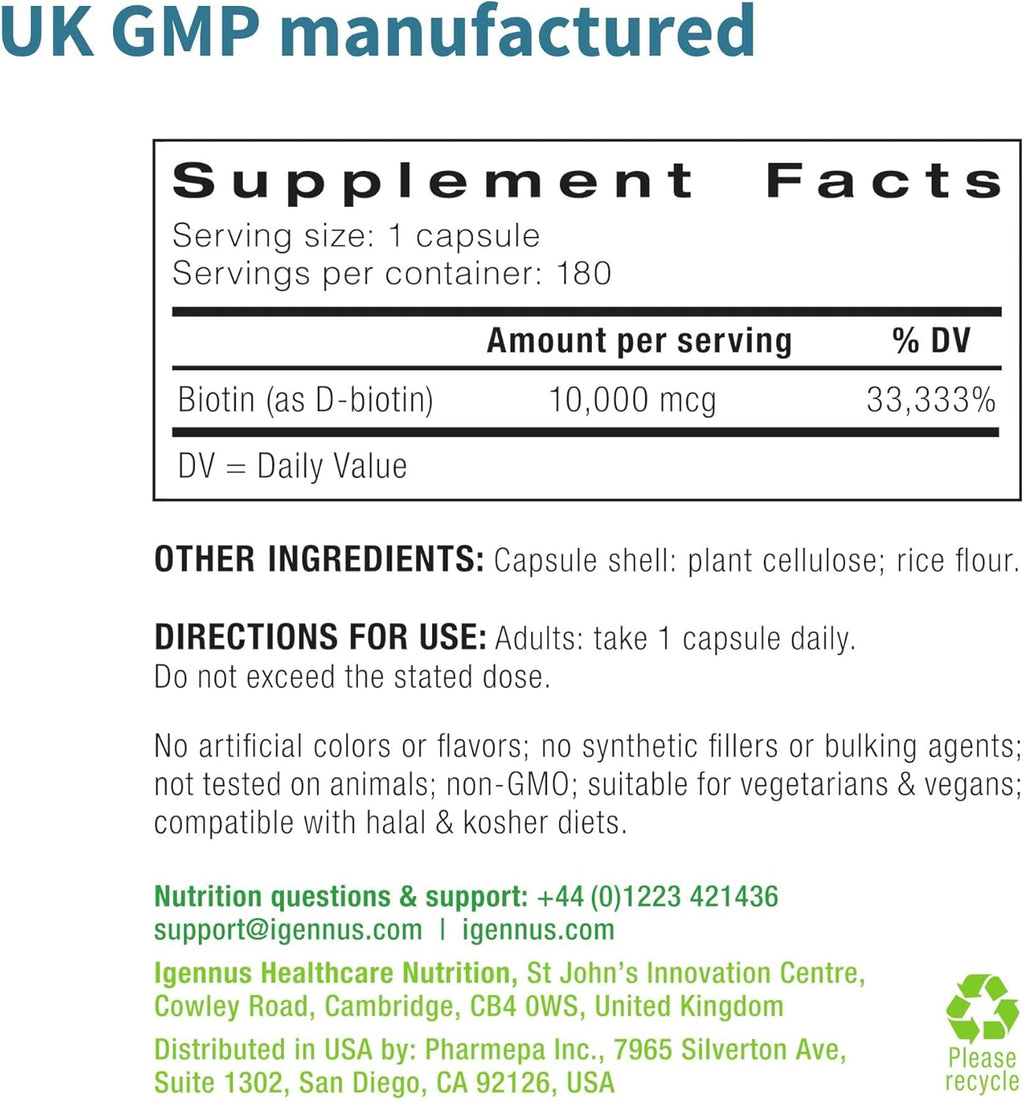 Igennus Clean Biotin 10.000 mcg - 180 Cápsulas Veganas de Alta Potencia