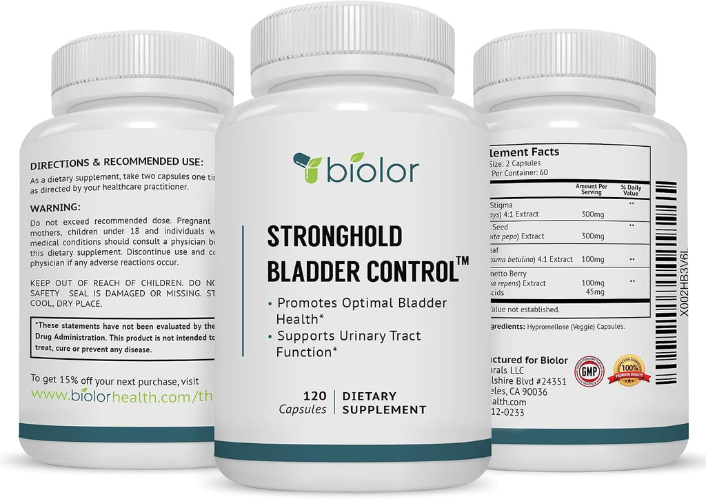 Biolor Stronghold Control de Vejiga para Hombres y Mujeres - Apoya el Flujo Urinario Saludable (Dentro de Rangos Normales) - 120 Cápsulas