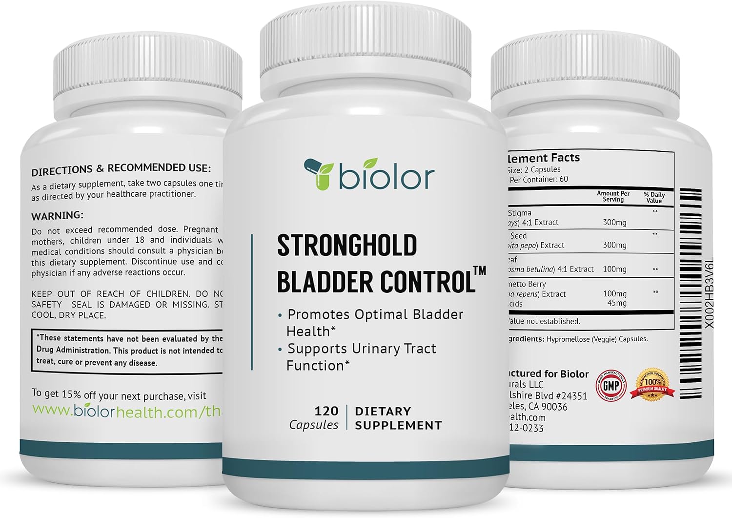 Biolor Stronghold Control de Vejiga para Hombres y Mujeres - Apoya el Flujo Urinario Saludable (Dentro de Rangos Normales) - 120 Cápsulas