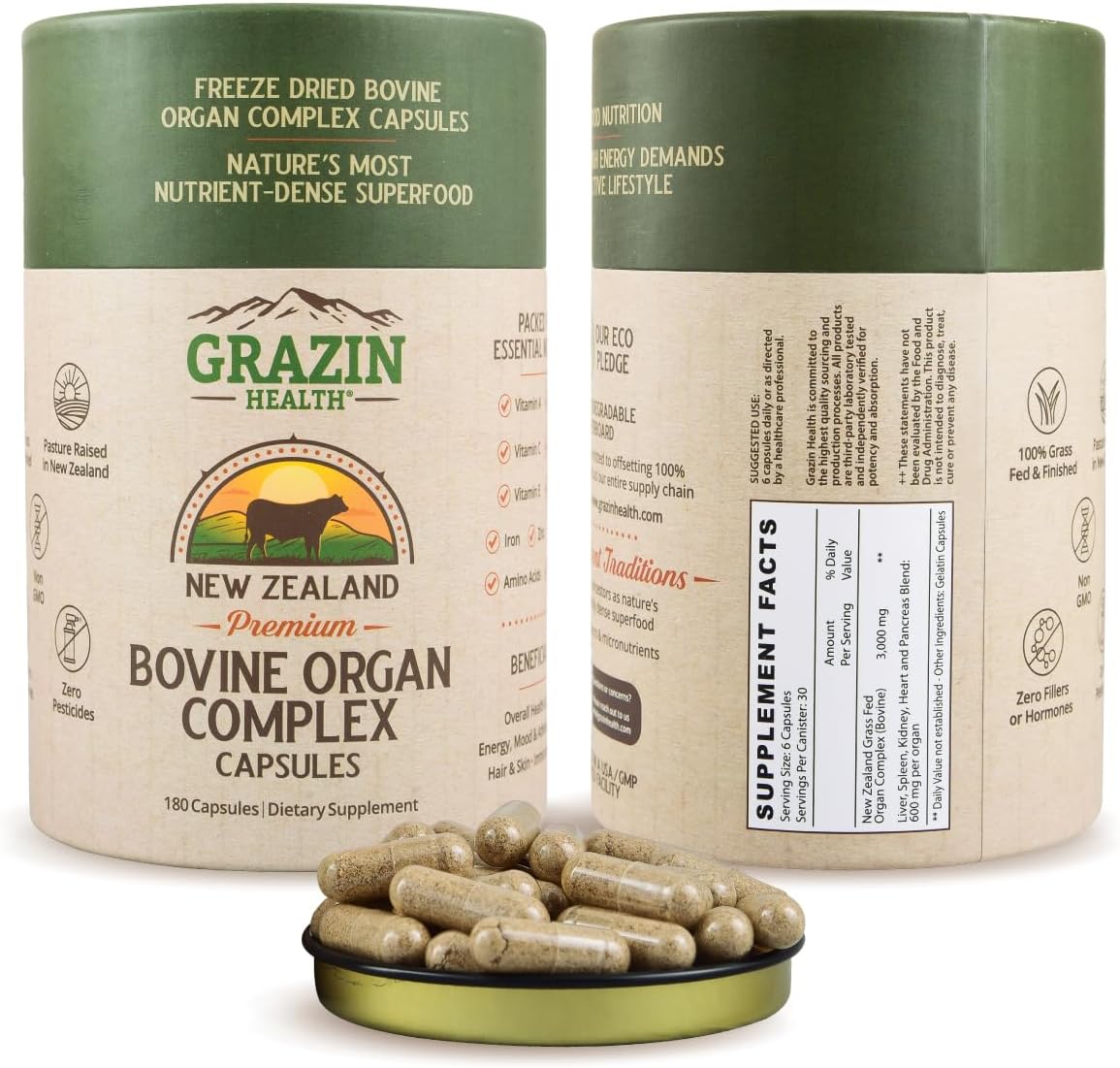 GRAZIN HEALTH - Complejo de Órganos Bovinos Grass Fed: Hígado, Bazo, Riñón, Corazón, Páncreas (600 mg por órgano por cápsula, 3000 mg por dosis, 30 dosis)