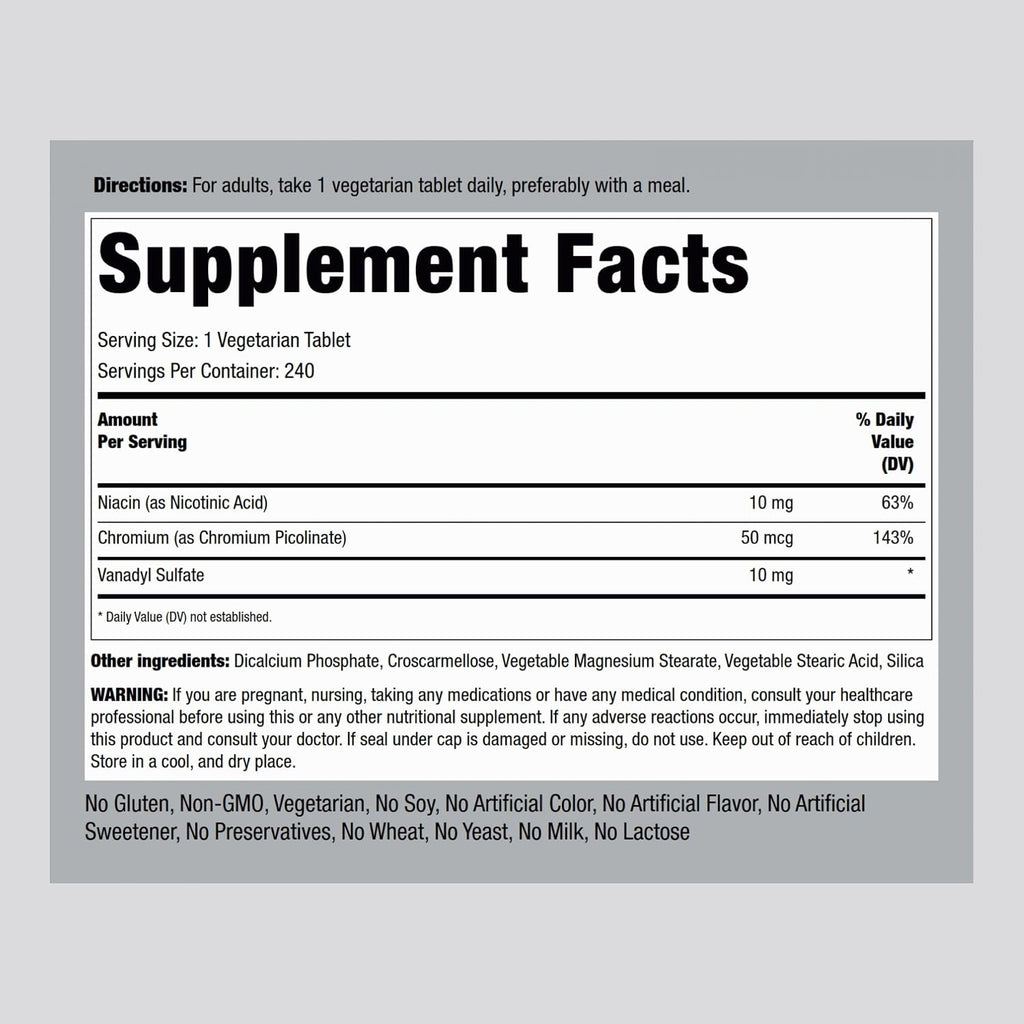 Piping Rock Vanadil Sulfato 10 mg con Cromo - 240 Comprimidos Vegetarianos