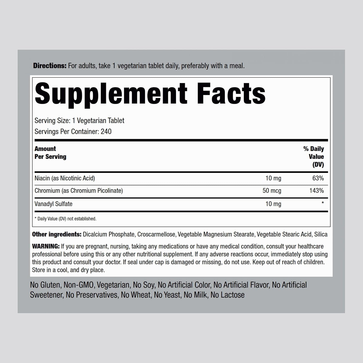 Piping Rock Vanadil Sulfato 10 mg con Cromo - 240 Comprimidos Vegetarianos