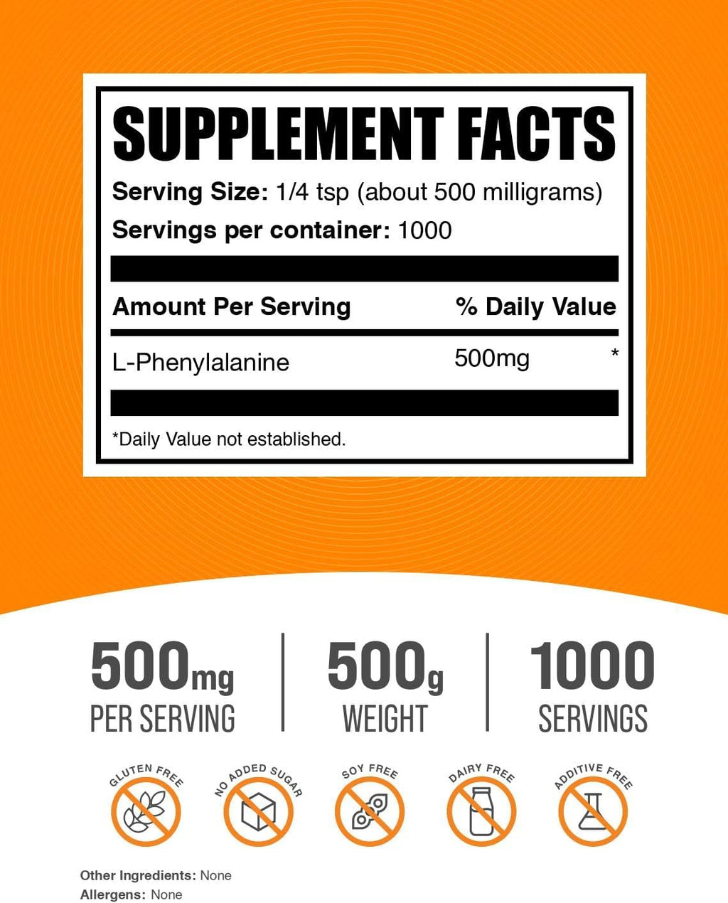 L-Fenilalanina en Polvo - 500mg por Porción, 500g (1.1 lbs)